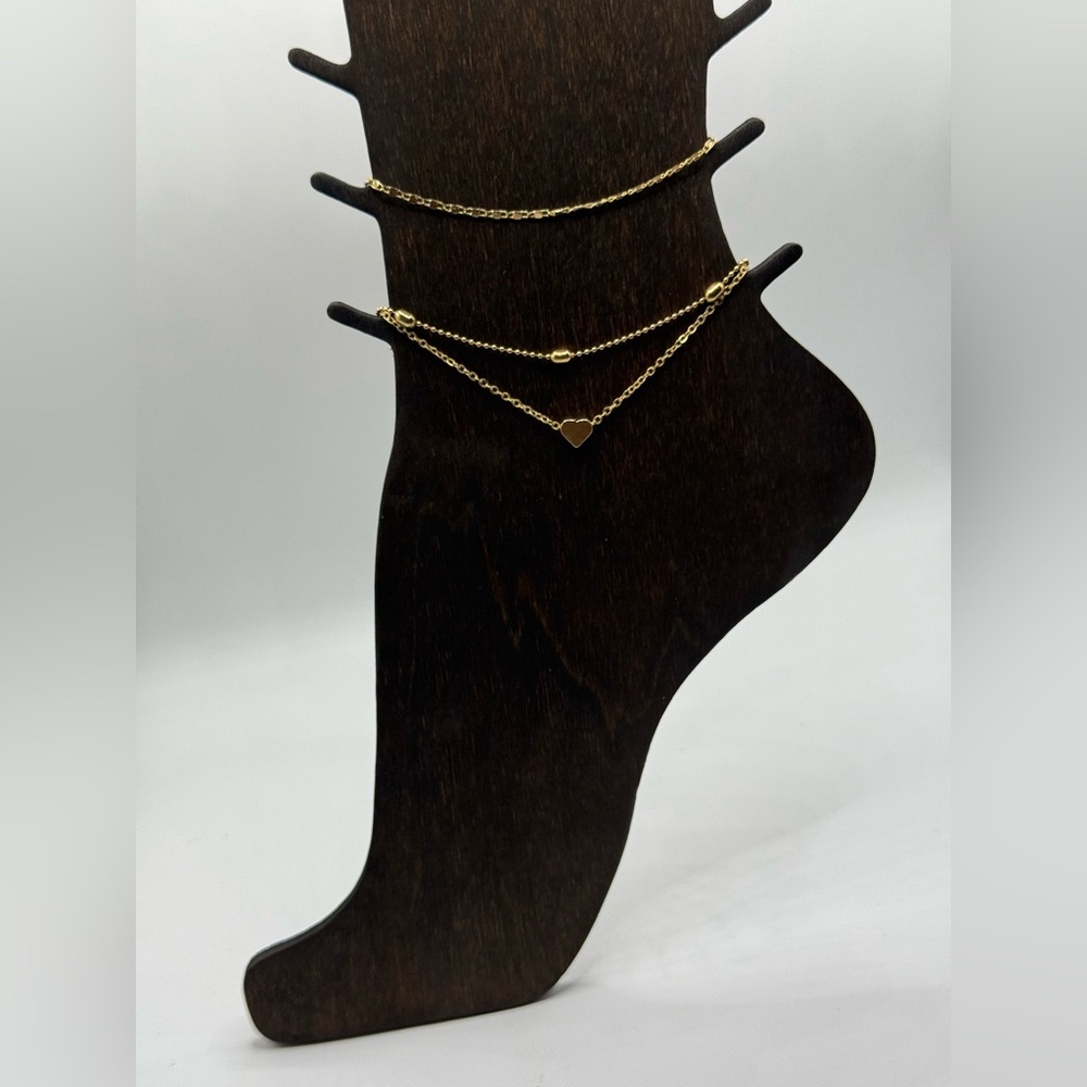 Gold Heart Pendant Layered Ankle Bracelet
